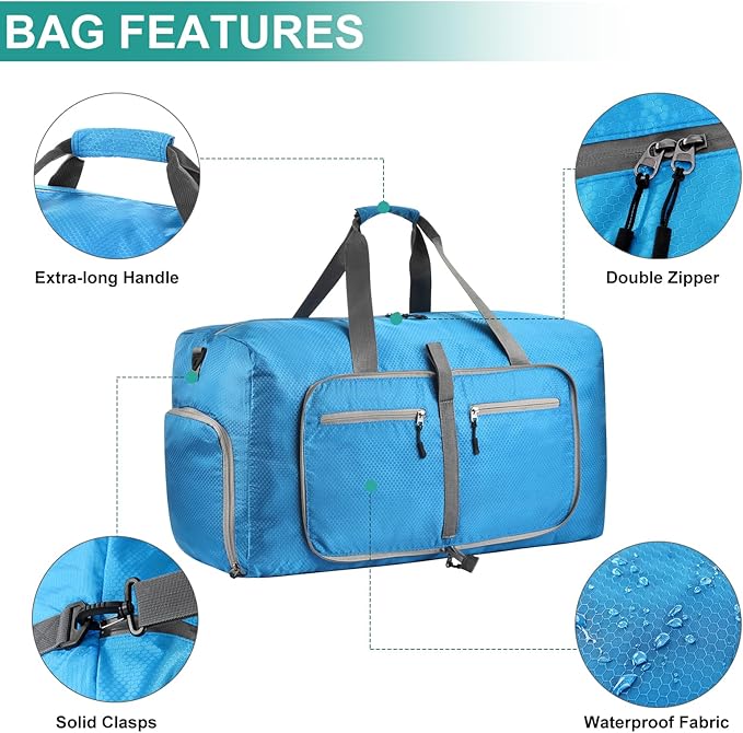 Dimayar Travel Duffle Bag for Men Women - Foldable Duffel Bag with Shoes Compartment - Overnight Bags Waterproof & Tear Resistant(115L,Light Blue)