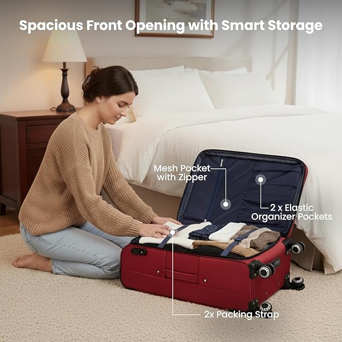 Softside Luggage Sets 3 Piece,Expandable Lightweight Durable Suitcase Sets Double Spinner Wheels w/Combination LOCK （20''/26''/30''）#Red