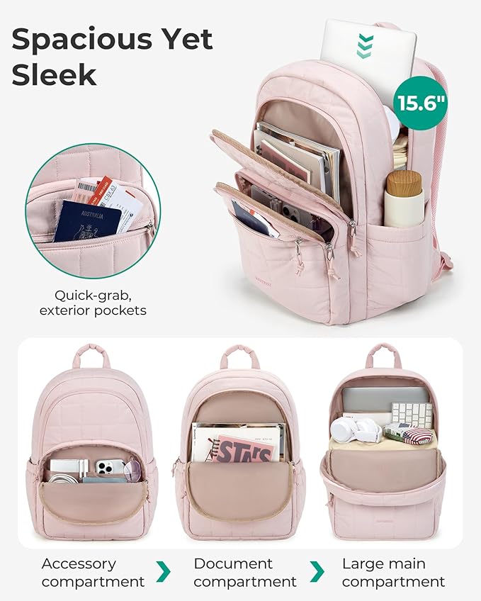 BAGSMART College Laptop Backpack, Travel Backpack for Women, Quilted Casual Daypack, Water-Resistant Bookbag for 15.6 Inch Laptop, Pink