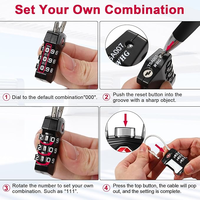 ZHEGE TSA Approved Cable Luggage Lock, Travel Lock, Keyless Padlock with 3 Digit Combination for Suitcase, Backpack, Bag, Toolbox, Gym Locker - Easy to Read & Use for All Ages (Black, 1 Pack)