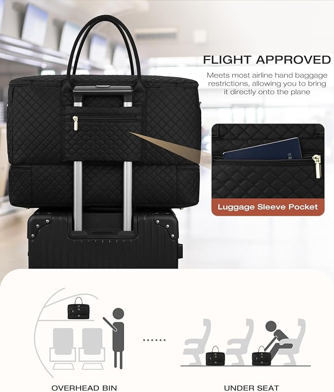Travel Duffle Bag, Wide Open Large Weekender Bag for Women with Shoe Compartment, Carry on Overnight Bags with Toiletry Bag, Hospital Bag for Women Labor Delivery with Wet Pocket (Black)