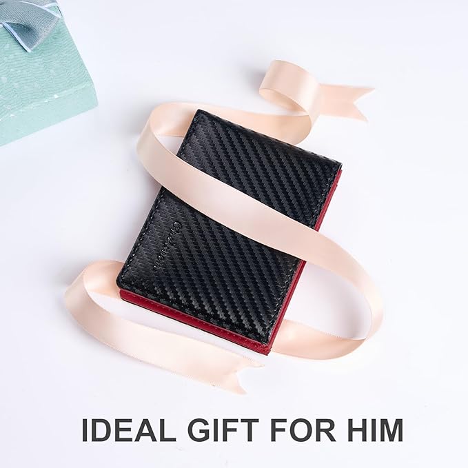 Chelmon Slim Wallet for Men ID Window with RFID Blocking Front Pocket Minimalist Bifold Bussiness Card Holder Gift for Men, Carbon Black & Red
