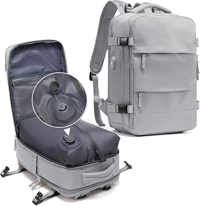 coowoz Vacuum Backpack Travel with Pump,Travel Backpack with Vacuum System For Women Men,Carry On Backpack,Hiking Backpack Waterproof Outdoor Sports Rucksack Casual Daypack,25L(Built-in Pump),Grey