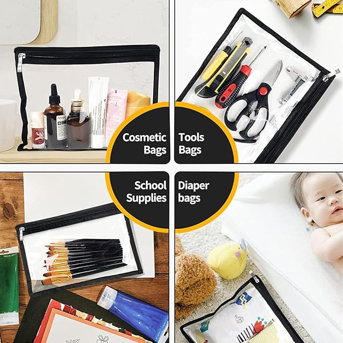 6 Pieces Clear Zipper Pouches Pencil Pouches PVC Makeup Pouch Envelopes Folder Storage Multi Purpose Pouch Document File Organization Bags, Office Supplies (Black Edging, 9.8 x 8 Inches)