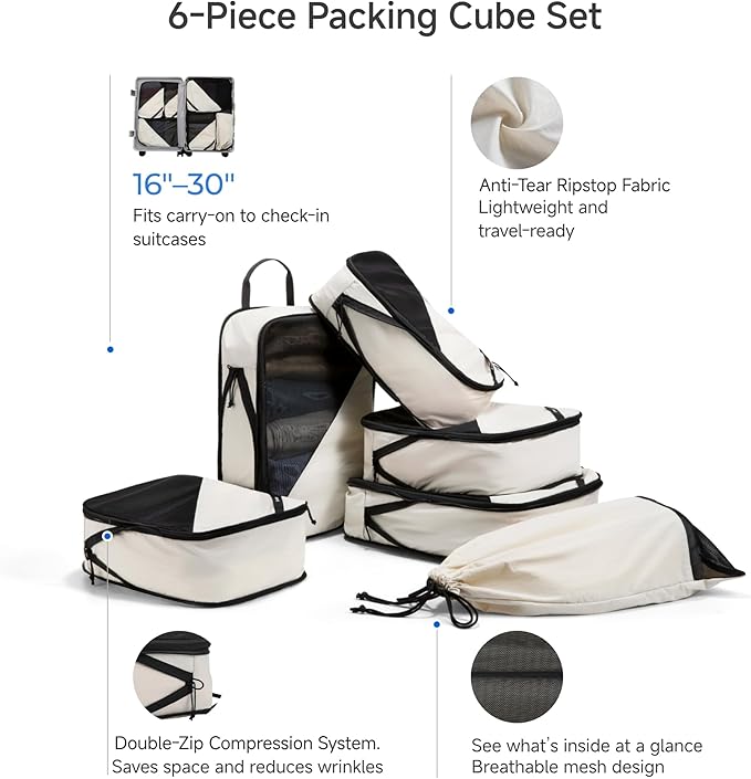 LUGGEX Packing Cubes for Travel, POX01 Luggage Organizers Bags, Suitcase Organizer with Shoe Bag, 6 Set Travel Cubes for Packing (POX-Core, Beige)
