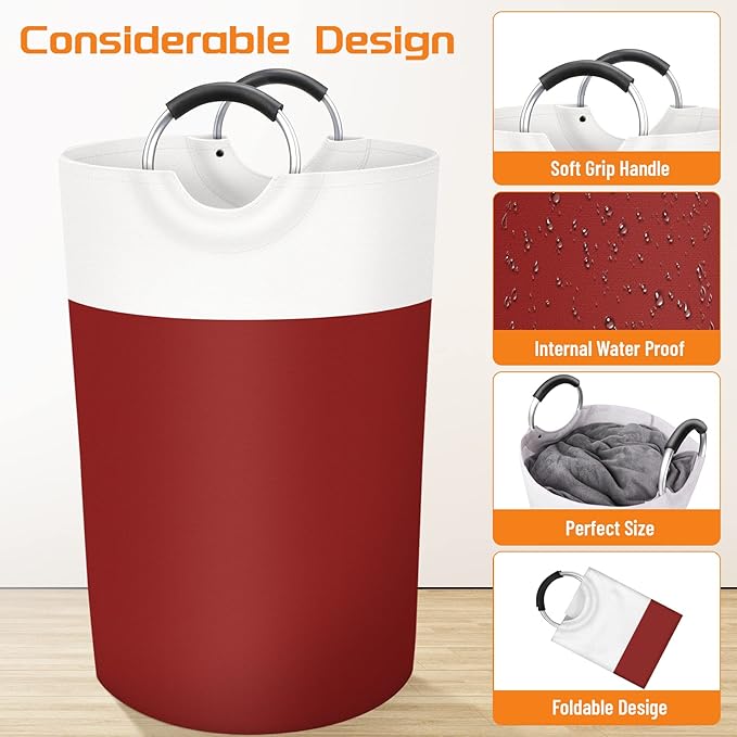 BlissTotes 115L Laundry Basket, Freestanding Laundry Hamper, Collapsible Dirty Clothes Hamper, Waterproof Fabric with Foam Protected Aluminum Handles for College, Dorm, Family (Red)