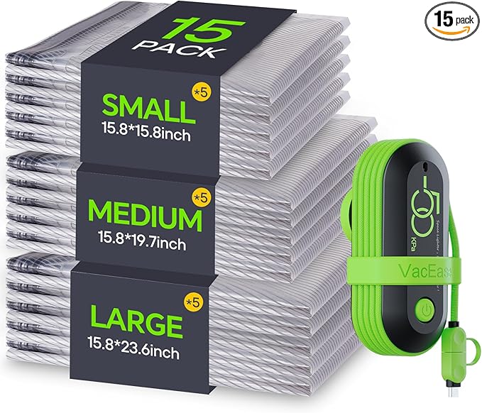 Vacuum Bags for Travel with USB Electric Pump, 15 Pack Carry-on Size Compression Packing for Luggage and Suitcase, Space Saver Bags for Clothes and Clothing Travel