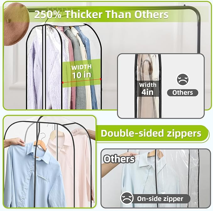 LANDNEOO 6 Pack Clear Garment Bags for Hanging Clothes with Zippers on Double Sides - 10'' Clothes Storage for Coat, Dress, and Fur in Closet - 40'' Long Suit Bags