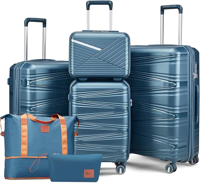 6 Piece Luggage Set Hardshell, Expandable Suitcase Set with Spinner Wheels (20/24/28), Includes 14" Cosmetic Case, Travel Duffel & Toiletry Bag, Lightweight TSA Lock Nested Set (Peacock Blue)