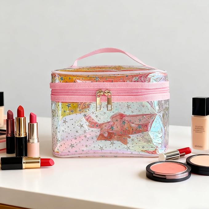 Waterproof Red Star Print PVC Makeup Bag with Handle - 8.66 * 5.51 * 5.51 inch Travel Cosmetic Organizer for Women Men Toiletry Pouch (Red Star-L)