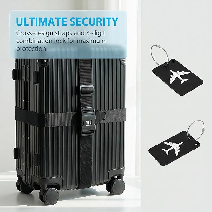 4-piece Set of Lockable Luggage Straps - Two Luggage Straps and Two Luggage Tags to Protect Your Luggage from Bursting, Suitable for suitcases 20-32 in (Orange Password Lock)