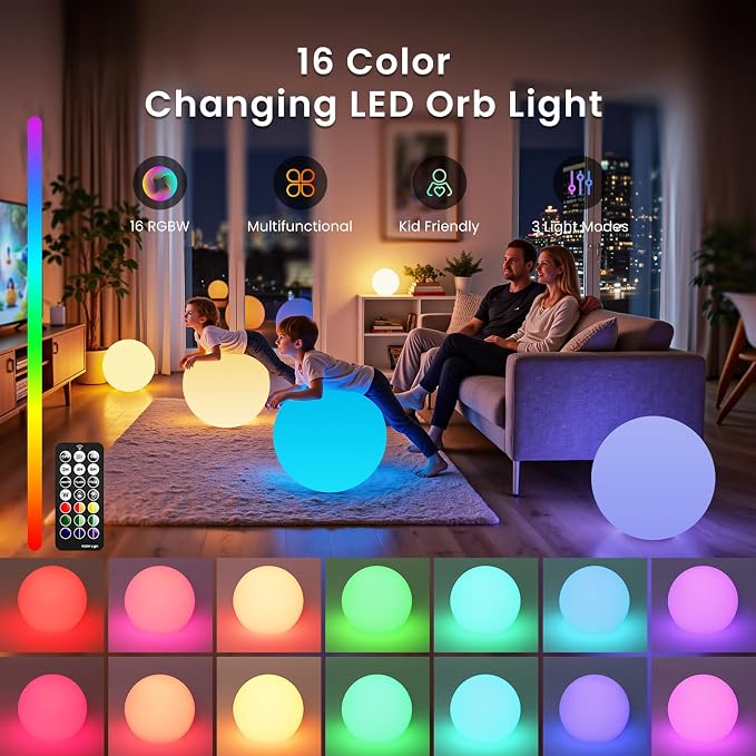 LOFTEK 16-inch Rechargeable LED Glow Ball, Waterproof Globe Lamp w/Remote | 16 Colors Change Night Light, Auto Timer, Cordless & Dimmable Large Floor Lamp for Home Patio Decor Living Room