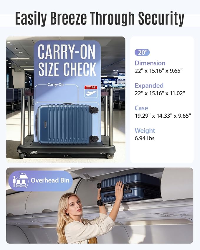 LIGHT FLIGHT Expandable Carry On Luggage 22x14x9 Airline Approved with Double Spinner Wheels, 20 Inch Lightweight Hard Shell Rolling Suitcases with TSA Lock, Blue