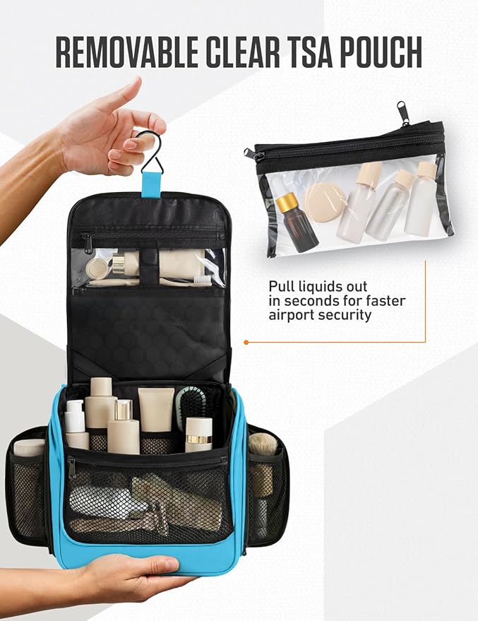VENTURE 4TH Hanging Travel Toiletry Bag for Women & Men – Large Toiletry Organizer with 18 Compartments, Removable TSA Pouch, Travel Wash Bag for Toiletries, Makeup & Shaving Kit (Light Blue)