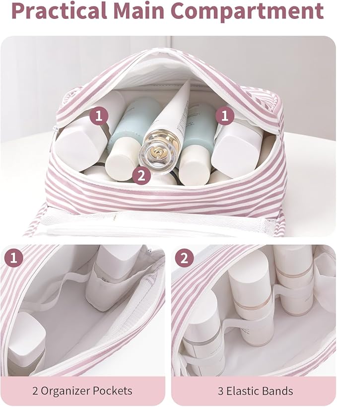 Narwey Small Hanging Toiletry Bag for Travel Women Girl, Striped Toiletries Travel Bag with Hook, Hanging Makeup Bag Organizer Make Up Cosmetic Bags (Dusty Pink Stripe)