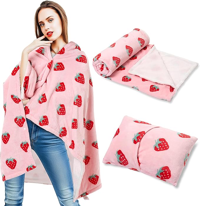 Plush Wearable Blanket Pink Strawberry Fleece Travel Blanket Women Pillow 2 in 1 with Sleeves and Buttons Lap Throw Shawl for Office Sofa Winter Warm Accessories Gifts