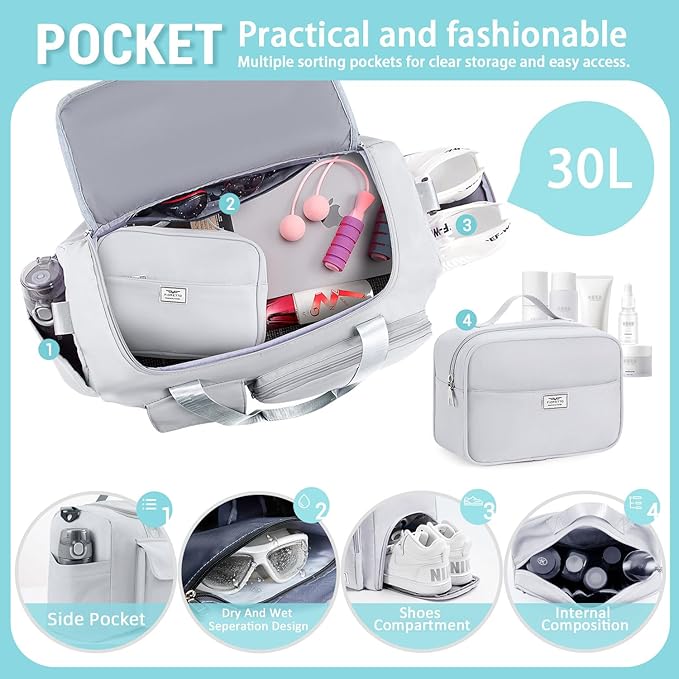 FIORETTO Women's Gym Duffle Bag with Shoes Compartment, 30L Capacity, Ideal for Travel, Gym, Sports, Duffel, Weekender