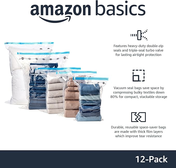Amazon Basics Vacuum Storage Bags with Hand Pump for Travel, Space Saving Compression Bags for Clothes and Blankets, Clear, 12 Pack (3 Small, 3 Medium, 3 Large & 3 Jumbo)