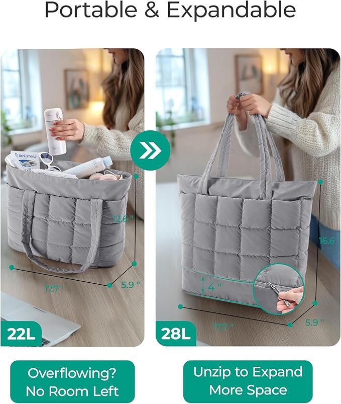 BAGSMART Expandable Tote Bag for Women, Puffer Work Tote Handbag, Quilted Carry On Bag for Travel Gym