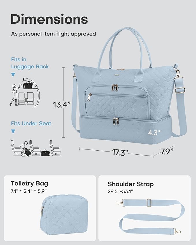 HOTOR Travel Duffle Bag for Women - Carry on Bag with Toiletry Pouch & Shoe Compartment, Large Overnight Weekender Bags for Gym, Business Trips, Sports and Hospital, Blue, 17.3" x 7.9" x 13.4"