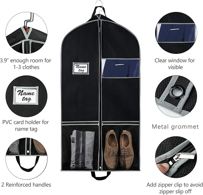Zilink Garment Bags Suit Bag for Travel and Storage 43 inches Suit Cover Protector for Closet with 2 Large Pockets and 2 Carry Handles for Suit Coat, Dress, Set of 4