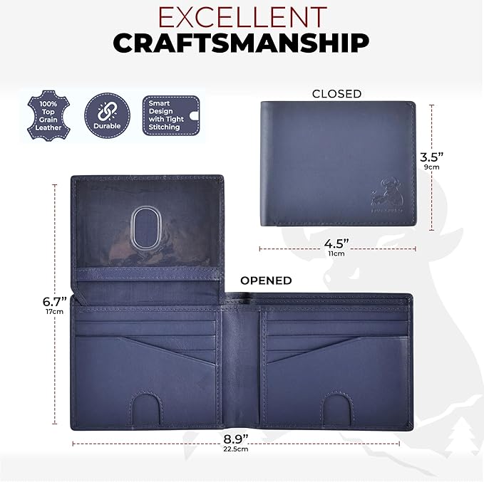 Mens RFID Blocking Bifold Wallet Napa Top Grain Leather, Secure and Durable Extra Capacity Billfold with 11 Credit Cards & Flip Up ID in Storm Cloud Blue with Tight Stitching, Quick Thumb Push Access