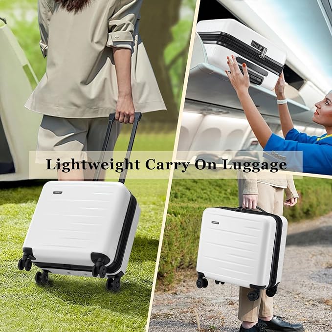 16 Inch Carry On Luggage Airline Approved, Expandable Lightweight ABS+PC Hard Shell Suitcases with 360° Spinner Wheels, TSA Lock, YKK Zippers (White, 1 PC)