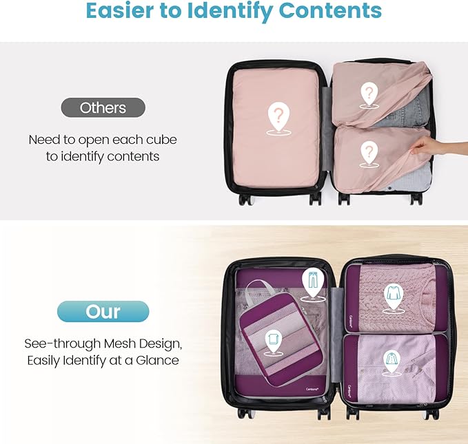 Cambond See Through Mesh Compression Packing Cubes - 4 Piece Expandable Space Saving Packing Cubes for Travel, Lightweight Travel Bags Luggage Packing Organizer Essentials for Suitcases, Purple