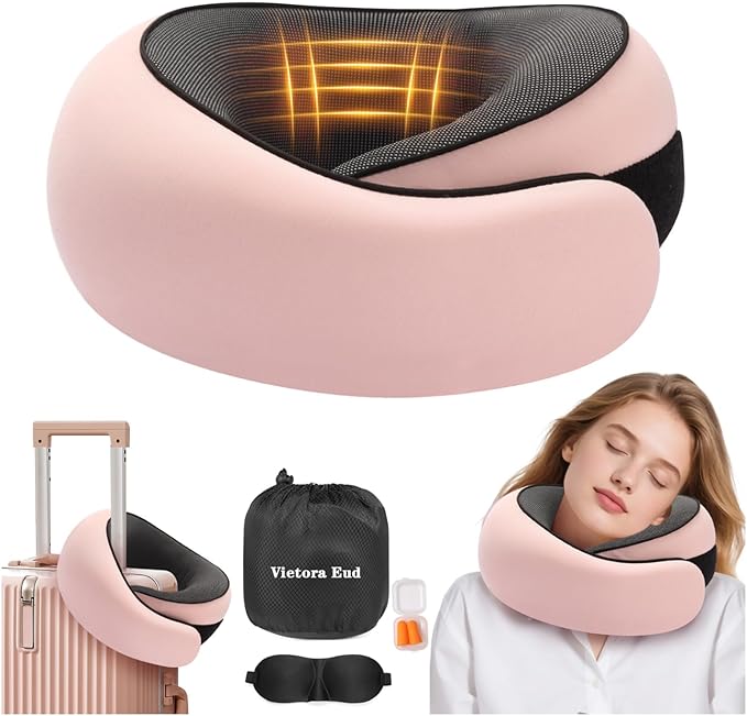 Travel Neck Pillow, Memory Foam Neck Support for Airplane, Car & Office, Breathable Portable Design with Eye Mask, Earplug Holder & Carry Bag, for Women&Men