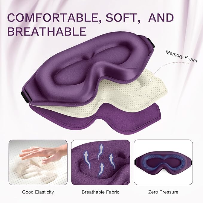 FlyCoco 99% Fully Block Out Light Eye Sleep Mask, 3D Deep Contoured Eyes Cover Zero Pressure, Long Lash Extension Eyes Mask with Adjustable Straps for Sleeping Travel Home Nap Rest Women Men (Purple)