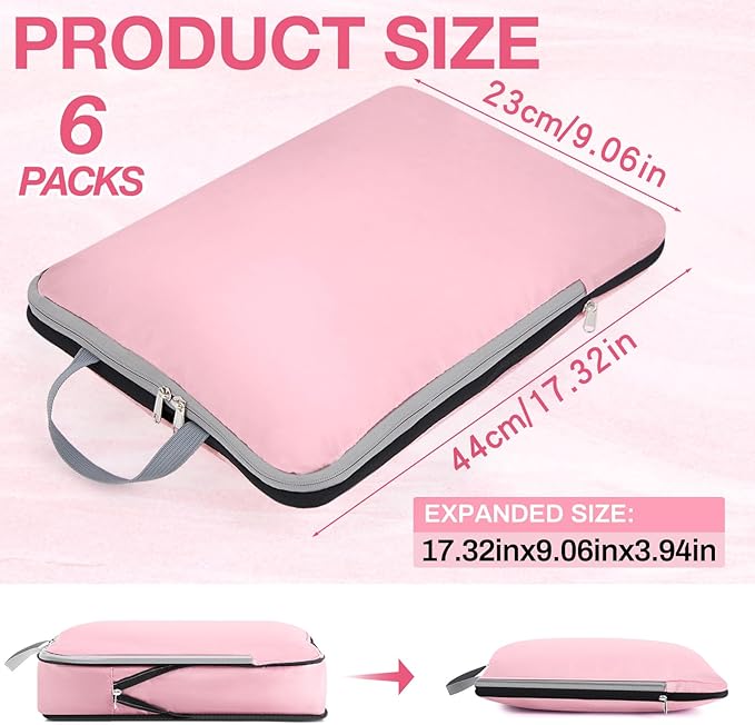 Hosuly 6 Pcs Ultralight Compression Packing Cubes for Travel 17.3 x 12.6'' XL Large Expandable Luggage Organizers for Save Space Family Long Trips (Pink)