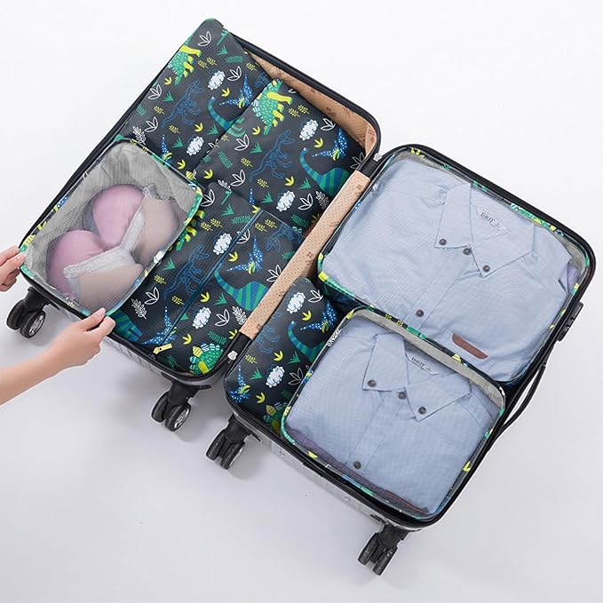 Packing Cubes for Kids 7 Set Travel Luggage Organizers for Suitcase Travel Accessories with Shoe Bag for Women Girls Cute Aesthetic Art-Green Dinosaur