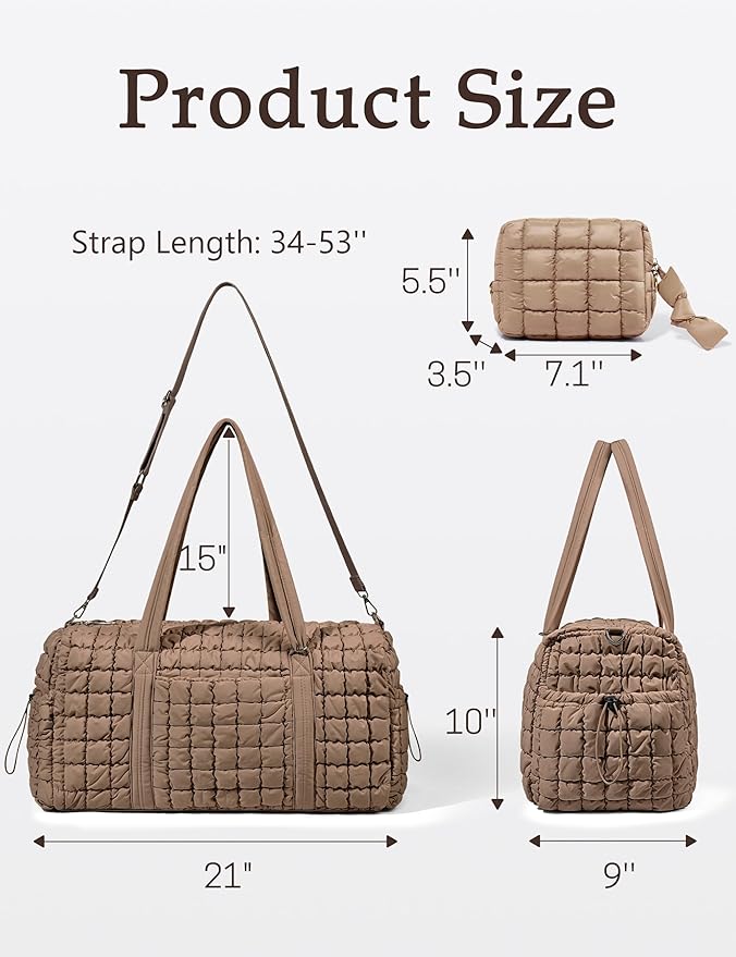 Quilted Travel Duffle Bag for Women with Toiletry Bag Weekender Bag Large Puffer Overnight Bags Soft Medium Puffy Duffel Bag Lightweight Carry on Gym Bagfor Trips Business Airplane
