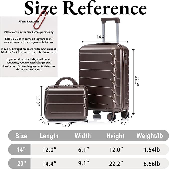 2-Piece ABS Hard Shell Lightweight Carry-On Luggage Set (14" & 20"), 360-Degree Spinner Wheels, Adjustable Telescopic Handle and Combination Lock for Travel, Brown
