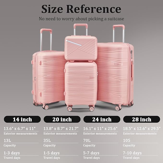 6 Piece Luggage Set PP Hardshell, Expandable Suitcase Set with Spinner Wheels (20/24/28), Includes 14" Cosmetic Case, Travel Duffel & Toiletry Bag, Lightweight TSA Lock Nested Set (Pink)