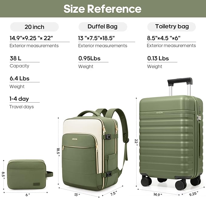 Luggage Sets 3 Piece, Carry On Luggage 20In With Spinner Wheels,PC Hardside Suitcase Set with TSA Lock,Durable Carry On Suitcase With Travel Backpack for Men (Military Green, 3 piece set (BP/20inch))