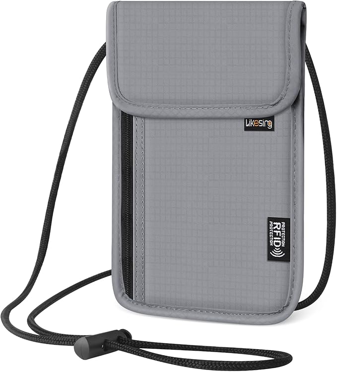 Likesing 5.5" L x 7.9" W Travel Neck Wallet, RFID Blocking Passport Holder for Travel Women Men, Security Lightweight Travel Wallet, Neck Passport Pouch Gifts for Traveling(Light Grey)