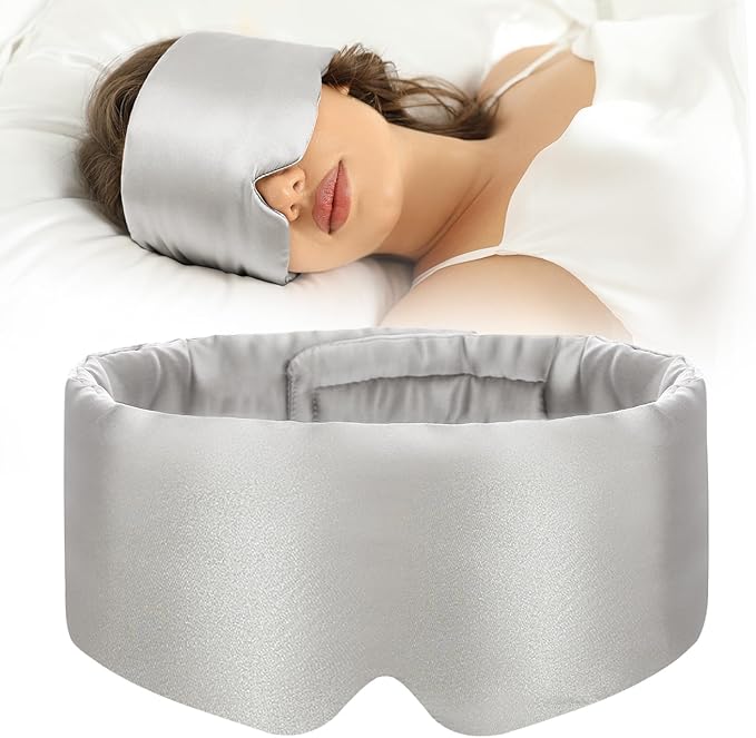 100% Mulberry Silk Sleep Mask Eye Mask for Women Man with Adjustable Band, for Side Sleeper Blackout Sleep Mask for Travel Rest and Office (Gray)