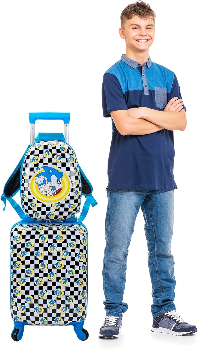 Bioworld Sonic the Hedgehog Kids' 2-Piece Travel Set With Rolling Suitcase And Backpack