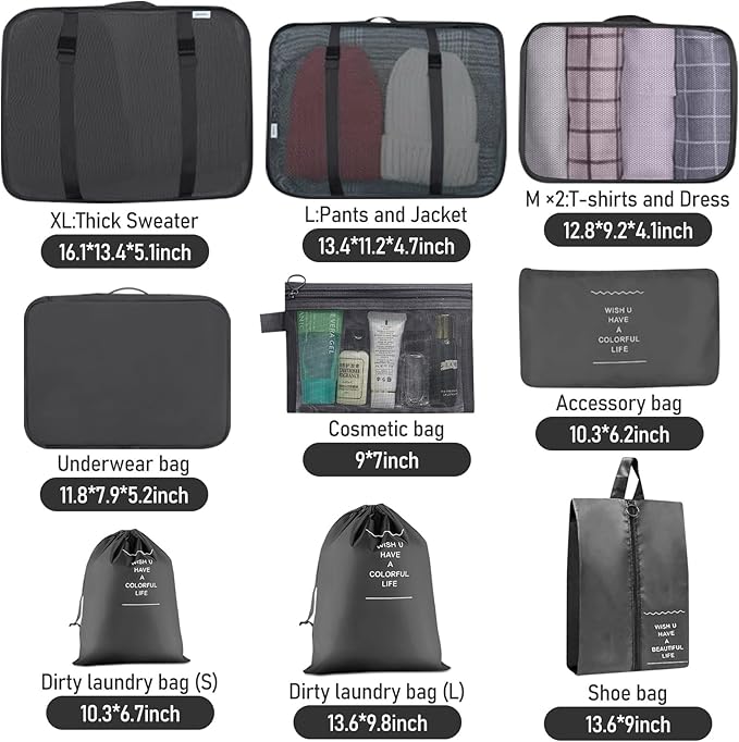 Packing Cubes for Travel -10 Set Luggage Organizer Bags for Family, Mesh Breathable Packing Cubes for Suitcases Durable Travel Essentials Bags Set