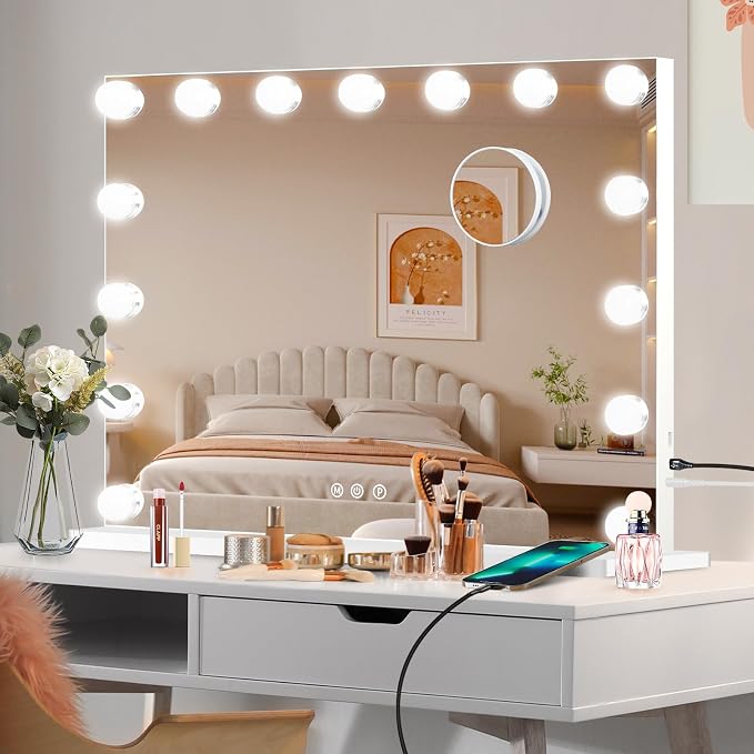 Moonee Vanity Mirror with Lights, Hollywood Lighted Makeup Mirror with 27 Dimmable Bulbs and 10X Magnification, 3 Colors Modes, Light Up Mirror, Gifts for Women, Girls,Dorm Room Essentials（52" x 30"）