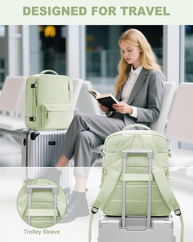 VECAVE Travel Backpack for Women, Airline Flight Approved Carry On Backpacks Waterproof 14 Inch Laptop Backpack with Shoe Compartment Casual Daypack Green.