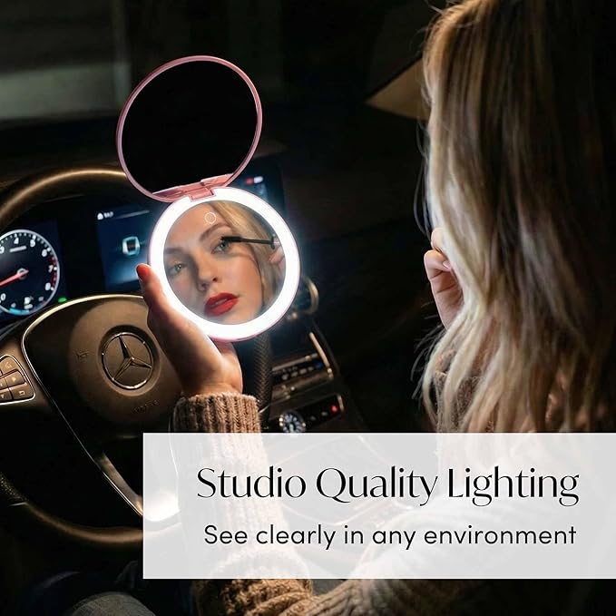 Fancii Taylor LED Lighted Travel Makeup Mirror, Rechargeable with 10x/1x Magnifying & 3 Light Settings - Compact, Portable, Large 5” Wide Hand Mirror for Handbag and Purses (Black)