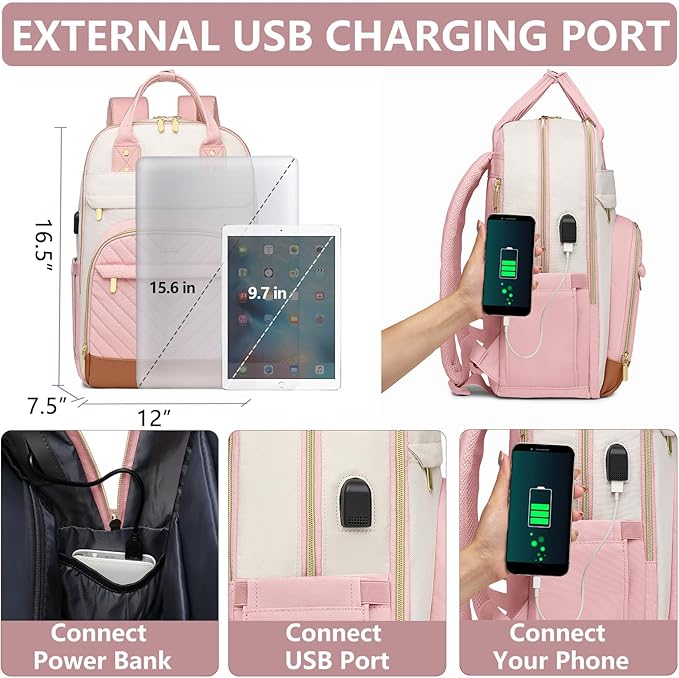 Laptop Backpack for Women Work Bag - 15.6 inch Travel Backpack Purse with USB Charger College Bookbag Waterproof Cute Casual Daypack Fashion Business Computer Backpacks for Teacher Nurse Pink Beige