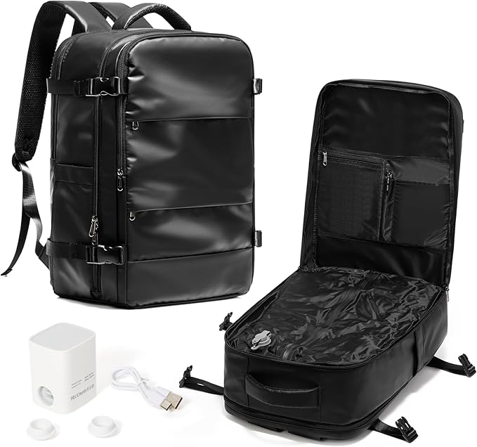 Vacuum Backpack Travel with Pump,Water Resistant Airbag Travel Backpack,Personal Item Carry on Backpacks Flight Approved 18x14x8 inches,Laptop Backpacks,Black