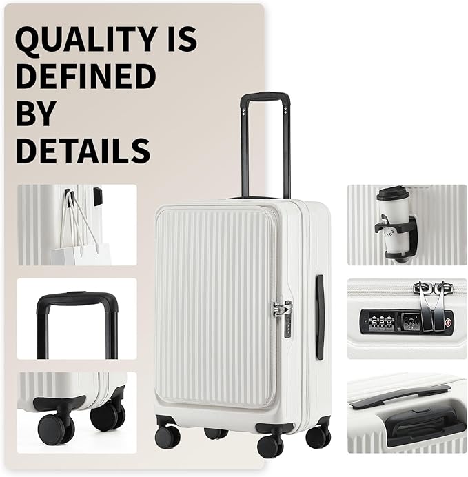 24 Inch Top Opening Expandable Checked Travel Luggage with Spinner Wheels,All PC Hard Shell Hardside Lightweight Medium Suitcase with TSA Approved Cup Holder for Business Trips Woman Men,White