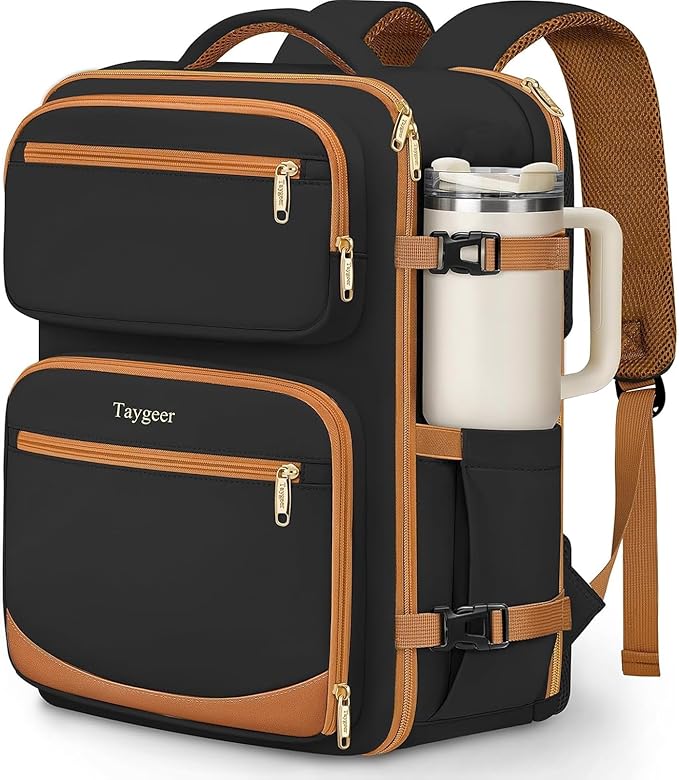 Taygeer Frontier Airlines Personal Item Bag 18x14x8, Underseat Carry on Backpack with Makeup Compartment, 40L Travel Backpack for Women & Men Fits Spirit Frontier Allegiant, Black Brown
