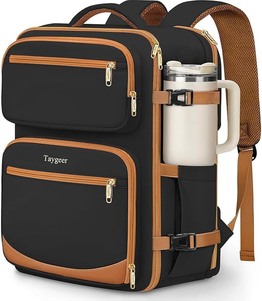 Taygeer Frontier Airlines Personal Item Bag 18x14x8, Underseat Carry on Backpack with Makeup Compartment, 40L Travel Backpack for Women & Men Fits Spirit Frontier Allegiant, Black Brown