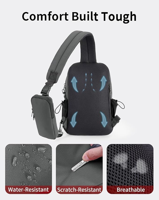 ECOHUB Anti-Theft Crossbody Bag Men Women, RFID Blocking Lightweight Sling Backpack Eco-Friendly with 9 Pockets Sturdy SBS Zippers Water Resistant for Travel Work Hiking Outdoor, Grey
