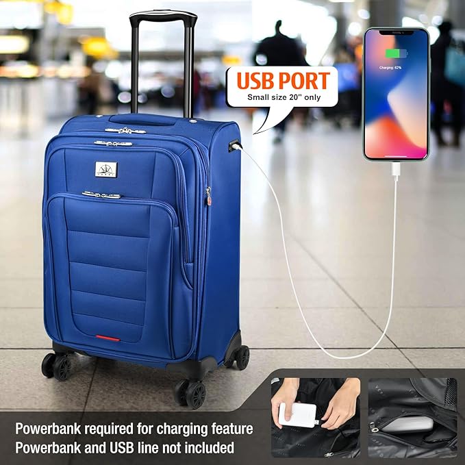 Verdi Luggage 2 Piece Set Suitcase Spinner Wheels Softshell Expandable, Carry On Luggage with USB Port (Navy, 2-Piece set(20/24))